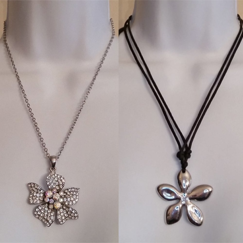 Curated Bundle 2 Flower Necklaces Casual to Dressy Chain Cord Crystal Modernist.